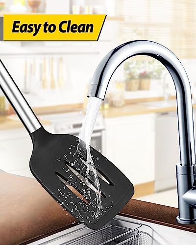 Pack of 2 Silicone Solid Turner, Non Stick Slotted Kitchen Spatulas, High Heat Resistant BPA Free Cooking Utensils, Ideal Cookware for Fish, Eggs, Pancakes(Black-White) - color: Black-White
