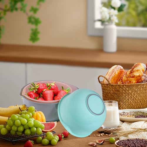 Nesting Plastic Mixing Bowls, Set Of 3, 1.5 quart, 2 quart, 2.5quart, Nesting Bowls with Non Slip Base and Easy Pour Spout, Dishwasher Safe (Green Pink Grey) - color: Green Pink Grey