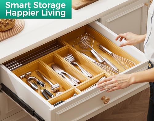 Long Bamboo Kitchen Drawer Organizer Boxes – 17" x 6" Stackable Wood Silverware Utensil Tray for Drawers Bins Cutlery & Flatware Storage – Wooden Pantry Organizers Set of 2 for Junk Drawer Bathroom Rv - size: 17" x 6" x 2"
