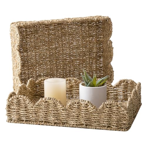 StorageWorks Large Scalloped Basket Trays for Decor, Seagrass Wicker Storage Baskets for Shelves, Handwoven Rectangle Bathroom Baskets for Organizing, Shallow Wicker Tray for Ottoman, 2-Pack - color: Natural(seagrass), size: 15 ¾"L x 11 ¼"W x 3 ½"H (Scall