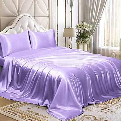 Homiest 3pcs Satin Sheets Set Luxury Silky Satin Bedding Set with Deep Pocket, 1 Fitted Sheet + 1 Flat Sheet + 1 Pillowcase (Twin Size, Lavender) - color: Lavender, size: Deep pocket - Twin size