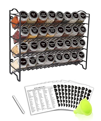 SWOMMOLY Spice Rack Organizer with 32 Glass Spice Jars, 396 Spice Labels, Chalk Marker and Funnel Complete Set, for Cabinet, Countertop, Cupboard or Wall Mount, Black - size: 4 Tier