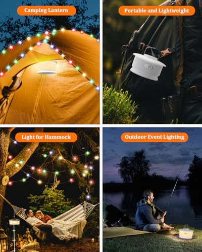 HOMEBEST Upgraded 33FT RGB Camping String Lights, Retractable Camping Lights with Music Sync, 19 Modes, Rechargeable Waterproof Tent Lights, Portable Camping Lantern for Tent, RV, Patio & Awning - color: White