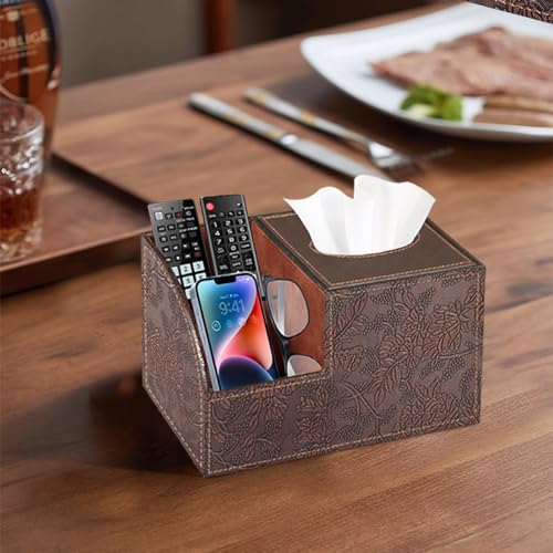 PU Leather Square Tissue Box Cover - Multi-Functional Tissue Box Holder, Tissue Box Cover with Storage,Tissue and Remote Control Holder, Cube Tissue Box Organizer Bedroom Nightstand End Table - color: Retro