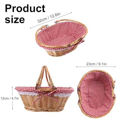 GNIEMCKIN 2 Pack 12.6 Inch Wicker Basket with Handle, Wicker Picnic Baskets with Checkered Liner, Oval Willow Woven Basket for Fruit, Wine, Wedding, Picnic - size: 2 Pack 12.6 Inch