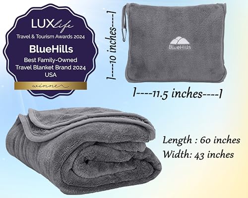 BlueHills 2-Pack Premium Soft Travel Blanket Pillow Airplane Blanket in Soft Bag Pillowcase with Hand Luggage Belt and Backpack Clip, Compact Pack Large Blankets for Any Travel (Grey Gray T013) - color: Gray-2pk-t013