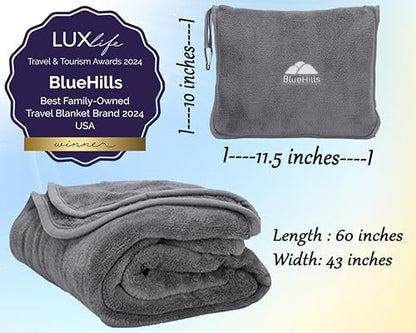 BlueHills 2-Pack Premium Soft Travel Blanket Pillow Airplane Blanket in Soft Bag Pillowcase with Hand Luggage Belt and Backpack Clip, Compact Pack Large Blankets for Any Travel (Grey Gray T013) - color: Gray-2pk-t013