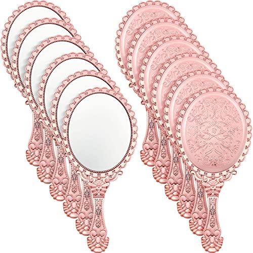 Qunclay 12 Pcs Vintage Rose Gold Handheld Mirrors, Baroque Embossed Compact Makeup Mirror with Handle for Pink Themed Princess Party Favors, Weddings, Bridal Showers, Birthday Gifts, Travel - color: Rose Gold