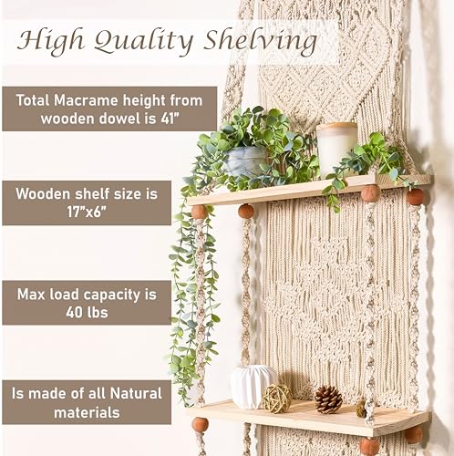 Macrame wall Hanging Shelf (Tier 2, Natural White) - size: Tier 2