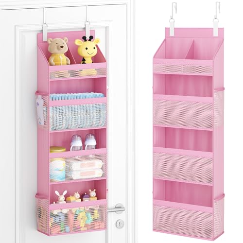 Lifewit Hanging Shelves with Transparent Pockets for Stuffed Toys for Children's Room - color: Pink, size: 4 Tier