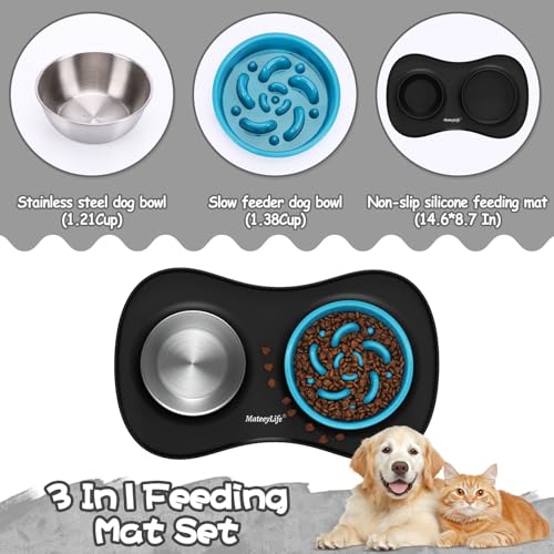 MateeyLife Dog Food and Water Bowl Set 3 in 1, Slow Feeder Dog Bowls & Stainless Steel Water Bowl with Non-Spill Silicone Mat, Cat and Puppy Bowls Pet Dishes for Small Medium Large Breed Anti-Choking - color: Black, size: Small
