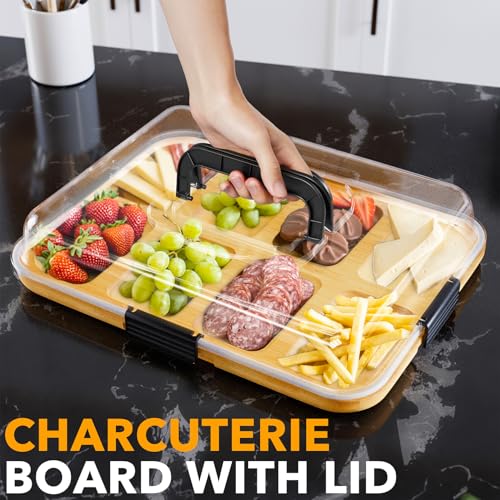 SpaceAid Charcuterie Board with Clear Lid, Portable Travel Cheese Cutting Boards for Picnic Accessories, Bamboo Serving Tray with Lids, House Warming Gifts, Black Handles, 8 Compartments - color: Black Handles, 8 Compartment