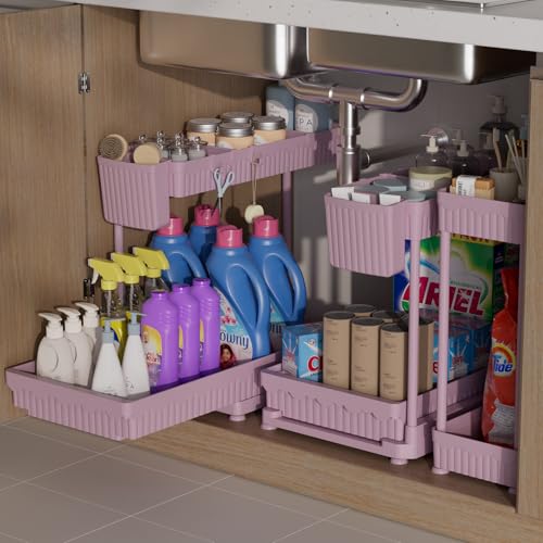 Sevenblue 3 Pack Multi-Purpose Pull-Out Storage Organizers, 2-Tier L-Shaped Under Sink/Cabinet Organizers and Storage for Bathroom & Kitchen,Pink,12.85 Inch - color: Pink, size: 12.85 Inch