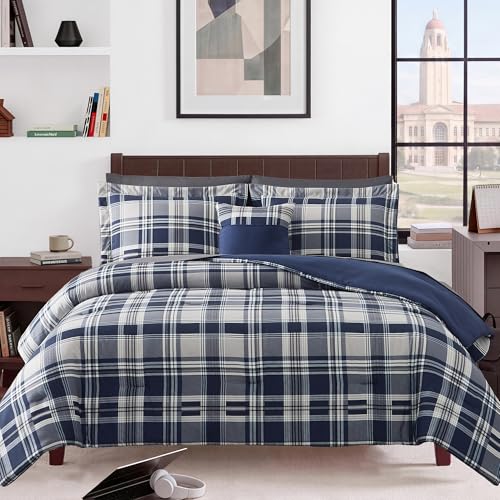 MaiRêve Full Size Comforter Set Navy Blue, Plaid Design Comforter Set 7 Pieces, All Season Comfortable Bedding Sets Full, Lightweight, Soft and Warm (Navy Blue, Full) - color: Navy Blue, size: Full