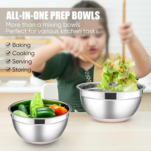 E-far Stainless Steel Mixing Bowls with Lids Set, 5-Piece Nesting Salad Bowls with 3 Grater Attachments and Non-Slip Bottoms, Size 4.6, 2.6, 2, 1.5, 1QT for Kitchen (Khaki) - color: Khaki, size: 5 Regular Sizes