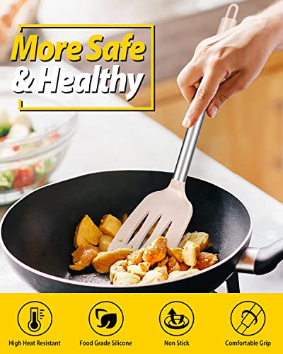 Pack of 2 Silicone Solid Turner, Non Stick Slotted Kitchen Spatulas, High Heat Resistant BPA Free Cooking Utensils, Ideal Cookware for Fish, Eggs, Pancakes(Stainless Steel Khaki) - color: Stainless Steel Khaki