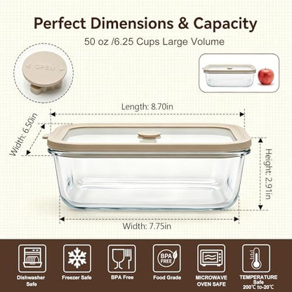 2 Pack 50 oz Large Glass Food Storage Containers with Lids,6.2 Cups Airtight Meal Prep Containers, Non-Toxic Glass Containers for Vegetables, Fruits, Microwave, Dishwasher - size: 50oz