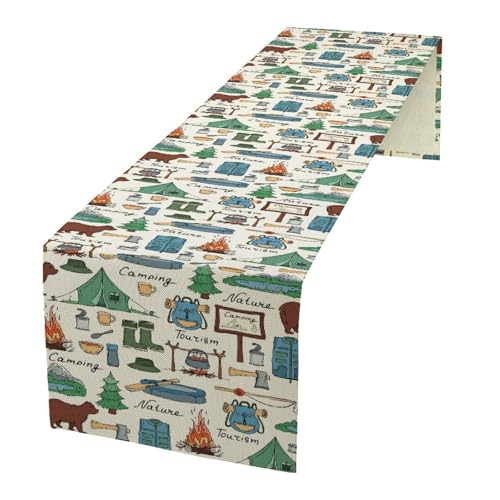 Camper Table Runner Tourism Camping Symbols Forest Animal Bear Pattern Decor for Indoor Outdoor Party Dinner Festival Rustic Farmhouse Holiday Home Kitchen Dining Room, 13x36in - color: Camping-blue, size: 13x36in