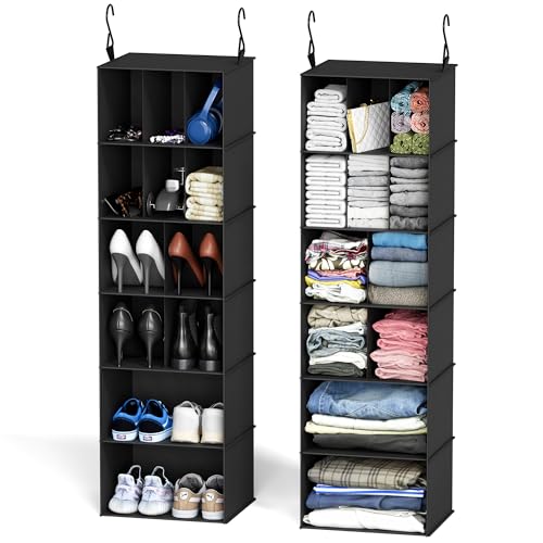 SpaceAid 2 Pack Hanging Closet Organizer and Storage with Dividers, 24 Compartments Hanging Shoe Shelves for Closet, Wardrobe, RV, Garment Rack - Black - color: Black