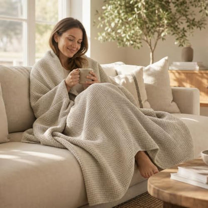Pure 100% Flax Linen Blanket – 50x60-inch Linen Throw Blanket Waffle Weave – Breathable Cooling Blanket – Versatile Beach Blanket – Pre-Washed Lightweight European Flax - color: Natural Linen, size: Throw Blanket