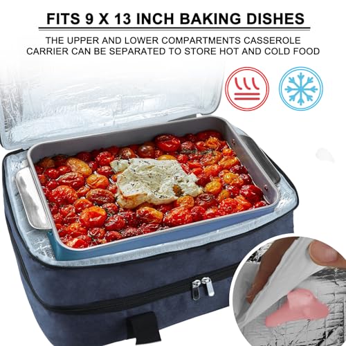 esouler Double Insulated Casserole Carrier Bag Hot & Cold Food Carrier Bag Lasagna Holder Lunch Bag for Picnics, Parties, Travel, Fits 9 x 13 Inches Casserole Dish-Blue - color: Blue, size: 16x10x7.2 in