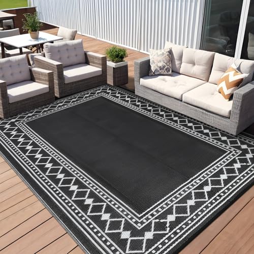 GarveeHome 9x12 Outdoor Rug Waterproof Foldable Plastic Straw Carpet for Patio Porch Modern Bordered Reversible Mat Lightweight Floor Mat for Picnic, Backyard, Rv, Beach, Deck, Camper, Balcony, Black - color: Black & White, size: 9' x 12' (Rectangular)