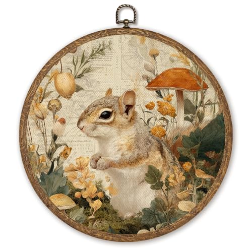 Nature Squirrels and Mushrooms Wall Art Decor, Rustic Country Floral Animal Round Wall Hanging Linen Prints Artwork Framed, Retro Cottagecore Circular Wall Decor for Kitchen Bedroom Farmhouse,Entryway 10''x10''(Colorful-Squirrel) - color: Colorful-Squirre