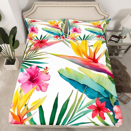 Tropical Tree Plant Fitted Sheet Twin XL Size for Kids Girls Women, Watercolor Red Hibiscus Flower Pattern Printed Bed Sheet Set,Palm Leaves Bedding Sets with 1 Pillow Case,Soft,Green Pink - color: Jcx19256, size: TwinXL(39"x80")