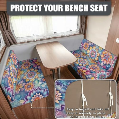 RV Dinette Cushion Covers Set of 2, Boho Floral Camper Cushion Slipcovers, Washable Anti Slip Stretch Fabric - color: Boho Floral