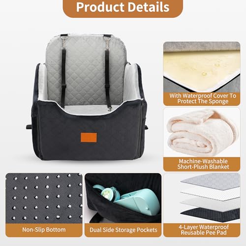 XEEP Dog Car Seat Bed for Small/Medium Dogs – Dog Booster Car Seat Up to 35 lbs -Use Travel Booster Seat with Memory Foam, Safety Belt, Bonus Urine Pad & Blanket, Removable Washable (Black/Grey)
