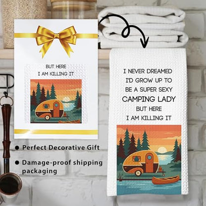 Camping Kitchen Towels 16x24 Waffle Weave, I Never Dreamed I’d Grow Up to Be a Super Sexy Camping Lady Dish Towels, Camp RV Gifts for Women, Gifts for Campers -A05 - color: Camping_05