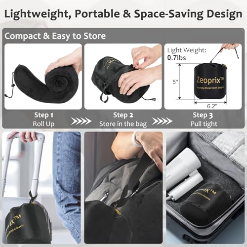 Travel Pillow, Memory Foam Travel Neck Pillow for Airplane, Ergonomic Neck Support with Washable & Breathable Cover, Includes Eye Mask, Earplugs & Compact Bag for Long Flights (Black)