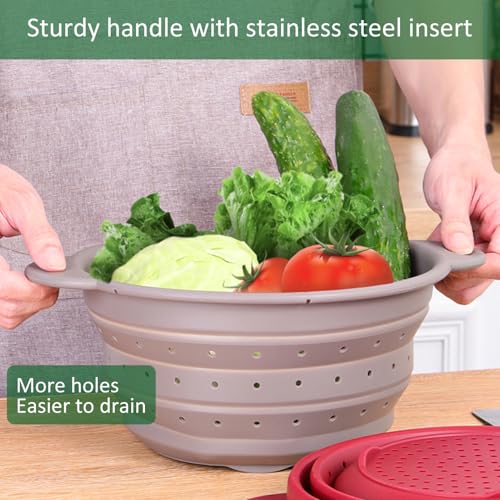 Collapsible Silicone Colander Bowl Set,BPA Free, Heat Resistant, Stainless Steel Nesting, Portable Washing Basket Strainer Drain Basin for Camping, Hiking, Kitchen, Dishwasher Safe (Grey+Green) - color: Gray+Green