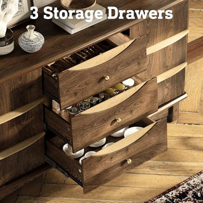 STO'SENSE Buffet Cabinet with Stroage, Large Sideboard Buffet Cabinet w/ 3 Drawers, Solid Wood Handle, Modern Coffee Bar Station w/ 2 Doors, Concealed Storage Shelves & Sliding Tray (Walnut)