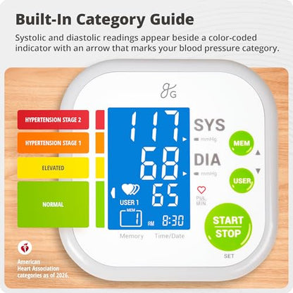 Greater Goods Upper Arm Blood Pressure Monitor for Home Use – Automatic One-Touch BP Machine, Wide-Range Cuff (8.7”–16.5”), Large Backlit Display, 2-User Memory, Complete Kit