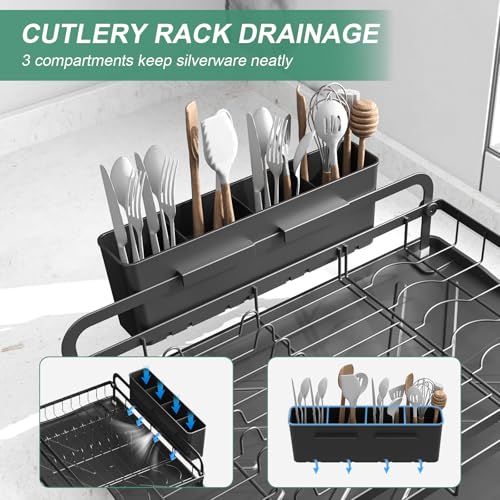 Dish Drying Rack for Kitchen Counter, Large Dish Drying Rack with Utensil Holder & Cutlery Tray, Dish Drainer with Drainboard, Black - color: 1 Tier - Black