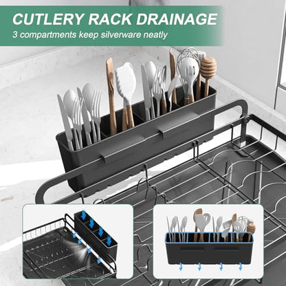 Dish Drying Rack for Kitchen Counter, Large Dish Drying Rack with Utensil Holder & Cutlery Tray, Dish Drainer with Drainboard, Black - color: 1 Tier - Black