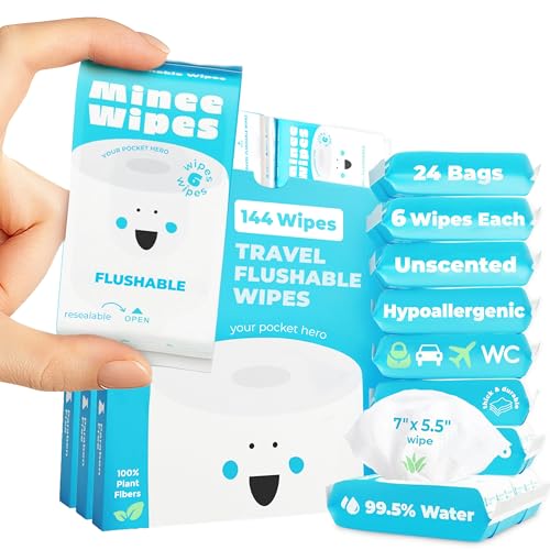 Impossibly Compact Travel Flushable Wipes - 99.5% Water and Aloe - Safe for Sensitive Skin & Hypoallergenic - Travel Essentials for Adults & Kids, Unscented, 24 Pack 144 Wipes - size: 6 Count (Pack of 24)