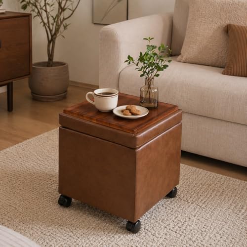 15 inch Square Storage Ottoman with Wheels and Tray Lid, Faux Leather Tufted Storage Cube Coffee Table, Movable Ottoman with Hidden Storage for Living Room, Bedroom - color: Faux Leather-caramel Brown With Wheels&tray