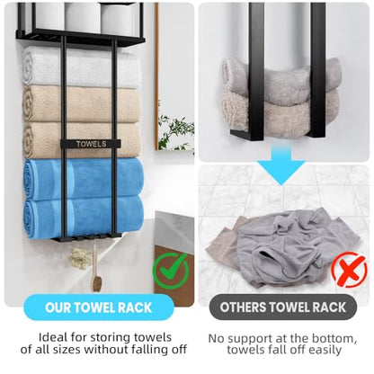 STWWO Bathroom Towel Storage Rack, Metal Towel Racks Wall Mounted Can Holds 5 Large Towels, 30.5IN Bathroom Towel Holder with Shelf & Storage Basket, Towel Organizer with 3 Hooks for RV, Apt, Black