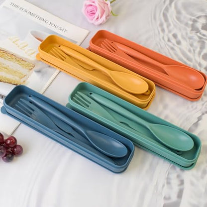 Zoyiancy 4 Sets Large Utensils Set with Case, Reusable Travel Cutlery Set | Spoon Knife Fork Lunch Box, Wheat Straw, Portable Easy To Carry, Dishwasher Safe, Office School Camping Travel Daily Use - color: Large,4 colors