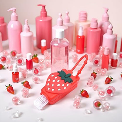 Red Strawberry Empty Travel Hand Sanitizer Bottle, Silicone Sleeve Refillable Empty Squeeze Leakproof Flip Cap Keychain, Hand Soap Holder Cosmetic Containers, Refillable Portable Travel Containers