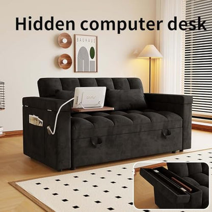 65" Foldable RV Love Seat Sofa, Modern Velvet Pull Out Couch with Table Board and UAB, Convertible Love Seat Sofa Bed with Adjustable Back and Pillow for Living Room, Small Spaces(Black, 2 Seat) - color: Black, size: 2 Seat