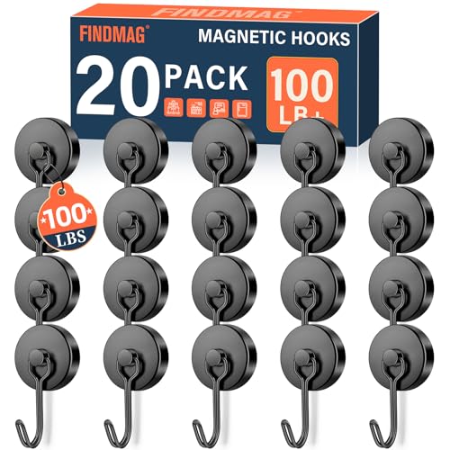 FINDMAG 100 LBS Magnetic Hooks Heavy Duty, 20 Pack Extra Strong Magnetic Hooks for Hanging, Neodymium Magnet with Hook for Cruise Cabins, Large Magnetic Swivel Hooks for Garage, Kitchen, Office, Grill - color: Black, size: 20Pack 100Lbs+