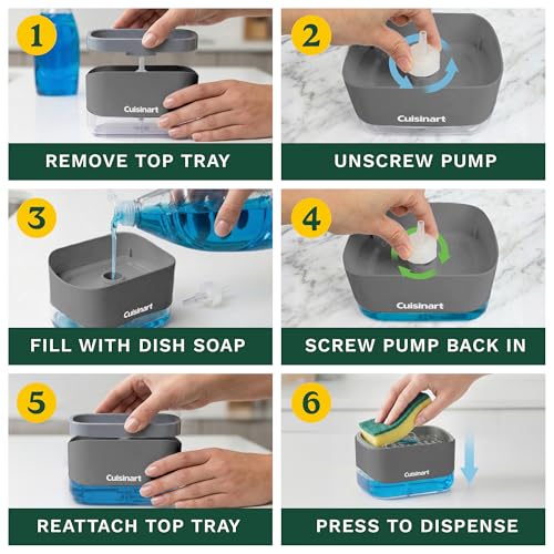 Cuisinart 2-in-1 Dish Soap Dispenser with Sponge Holder and Sponge for Kitchen Sink – Soap Pump Organizer Set with Tray, Countertop Caddy for Dishes, Dishwashing Liquid Dispenser, Sink Essentials - color: Gray/Dark Gray