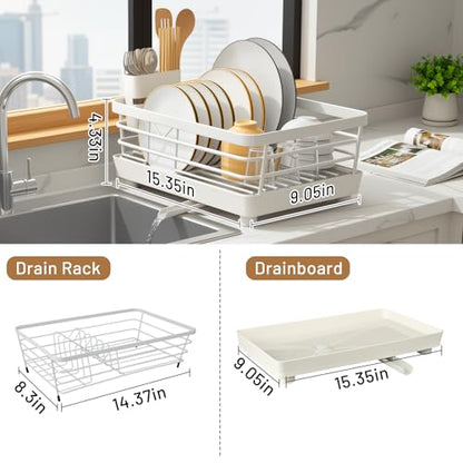 Dish Drying Rack for Kitchen Counter, Stainless Steel Sink Organization and Storage Essentials with Cutlery Holder, 9.05''W x 15.35''L, Stainless Steel Dish Strainer with Utensil Holder