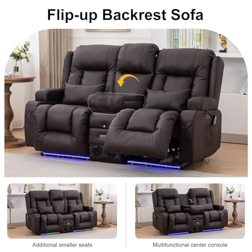 TUNYI Power Loveseat Recliner Sofa with Massage & Heat Home Theater Seating with Console RV Recliner Loveseat Sofa with USB/Storage/Side Pocket/LED Light/Speaker (Brown, Loveseat) - color: Brown, size: 2 Seat