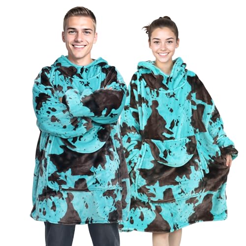 Turquoise Wearable Blanket Hoodie - Warm & Cozy Plush Fleece Sweatshirt Blanket Teal Blue Gifts for Men Women Birthday with Giant Hood Pocket and Sleeves - color: Black Blue, size: Adult