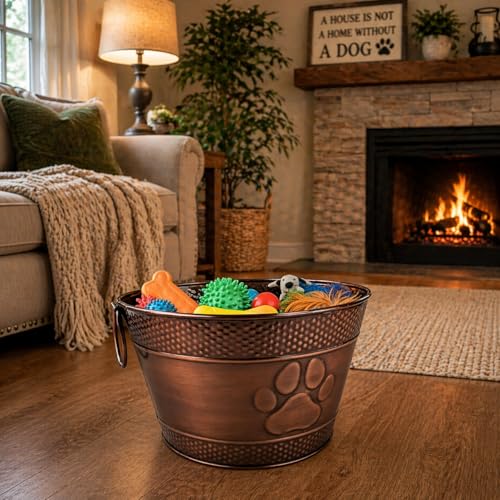 BREKX Metal Indestructible Dog Toy Bin - Storage Bin with Handles, Farmhouse Organizer Storage Basket for Pet Toys, Blankets, Leashes - Home Decor (Lead-Free Copper)