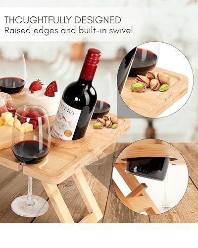 Portable Wine Picnic Table - Foldable Bamboo Snack Tray with Glass & Bottle Holders - Picnic Wine Set for Beach, Camping, Park - Gift for Wine Lovers